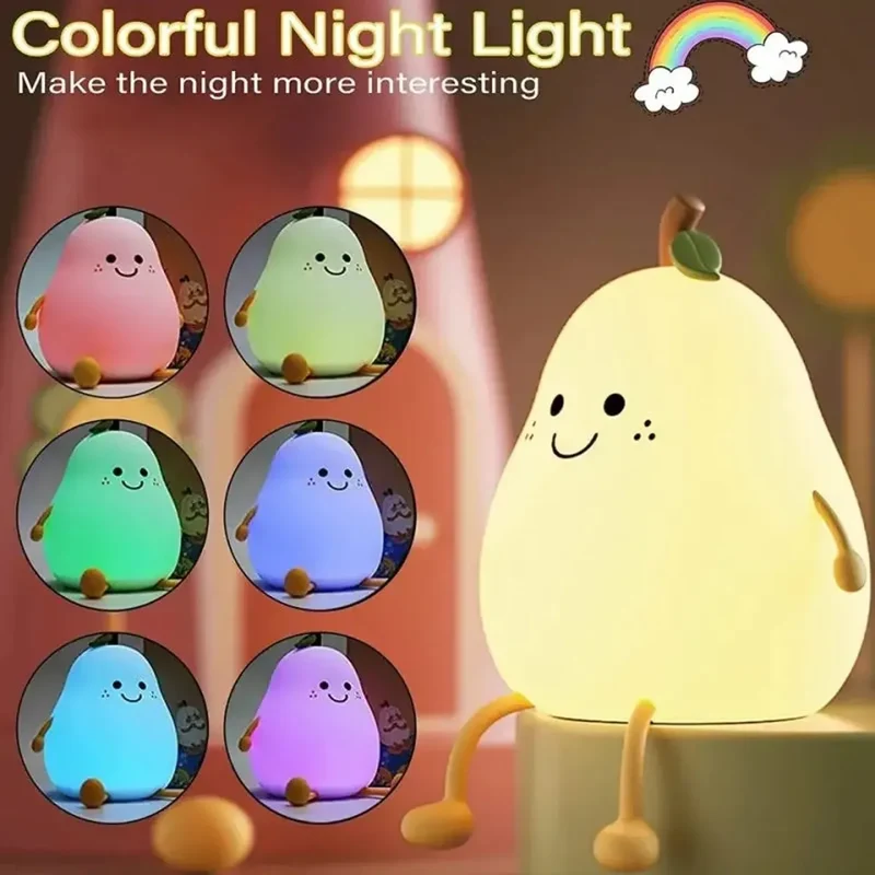 Cute Pear-Shaped Silicone LED Night Light - Touch Dimmable, USB Rechargeable