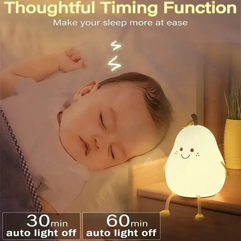 Cute Pear-Shaped Silicone LED Night Light - Touch Dimmable, USB Rechargeable