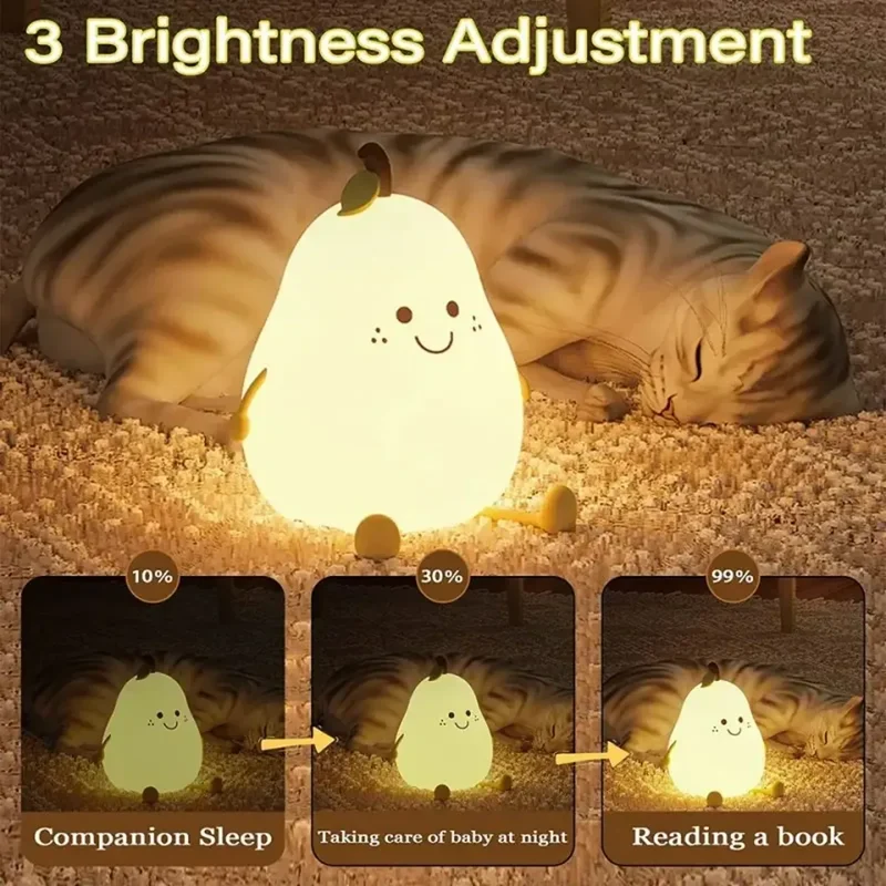 Cute Pear-Shaped Silicone LED Night Light - Touch Dimmable, USB Rechargeable