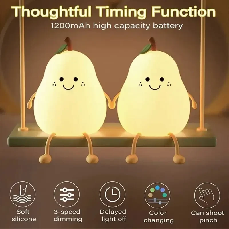 Cute Pear-Shaped Silicone LED Night Light - Touch Dimmable, USB Rechargeable
