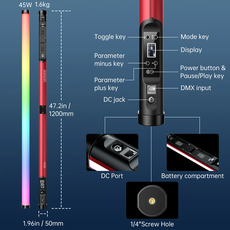 GVM BD45R RGB Tube Light with Softbox, 2 Packs 45W Handheld Wand Light, 48" Full Color LED Tube Light, 2700-10000K Stick Light with APP/DMX Control, 12 Scene Effects, MESH Networking Control Led Video Light