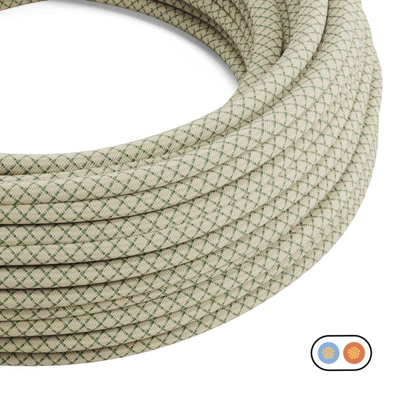 Câble textile plat Vert Thym et Losange Beige - PD62