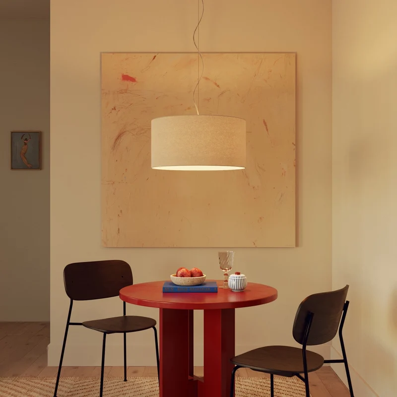 Suspension avec abat-jour en tissu Cylindre Medium - Fabriqué en Italie - Laine Sable