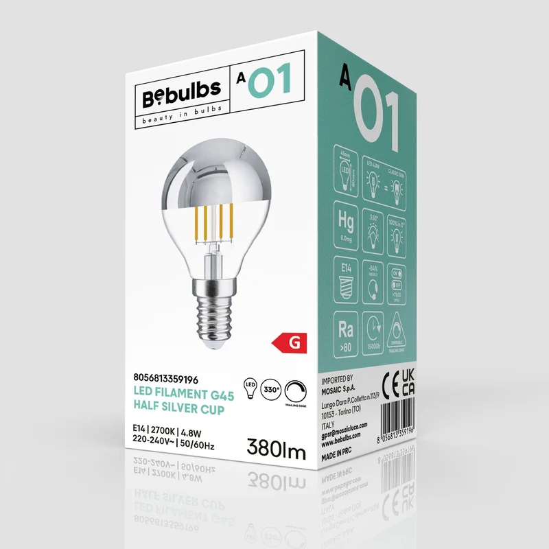 Ampoule LED Demi-Sphère Argent Mini Globe G45 4,8W 380Lm E14 2700K Dimmable - A01