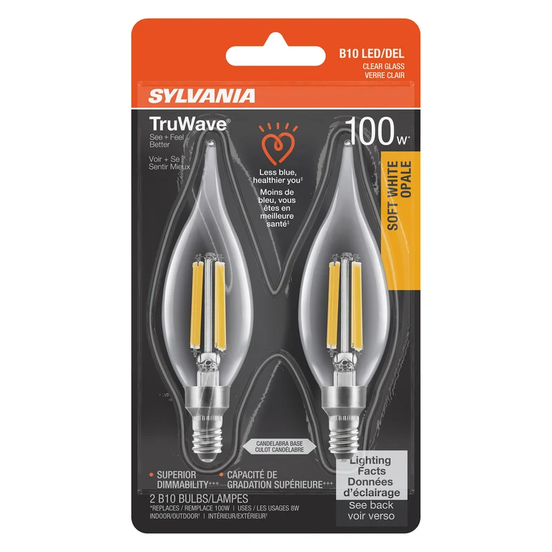 SYLVANIA LED TruWave Décor Light Bulb, B10 Chandelier 100W = 8W, Candelabra Base, Dimmable, 900 Lumens, 2700K, Clear, Soft White - 2 PK