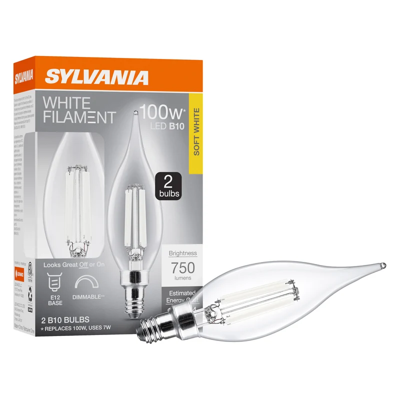 SYLVANIA B10 Clear LED White Filament Bulb, 7W, Dimmable, 750 Lms, Candelabra Base, 2700K, Soft White - 2 PK