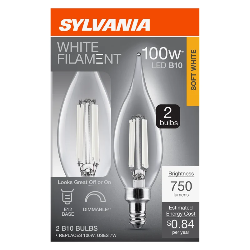 SYLVANIA B10 Clear LED White Filament Bulb, 7W, Dimmable, 750 Lms, Candelabra Base, 2700K, Soft White - 2 PK