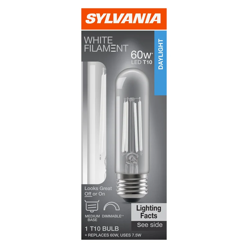 SYLVANIA T10 Clear LED White Filament Bulb, 7.5W, Dimmable, 800 Lms, Medium Base, 5000K, Daylight - 1 PK