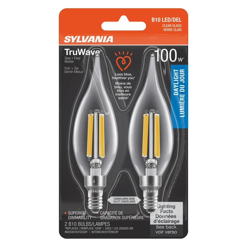 SYLVANIA LED TruWave Décor Light Bulb, B10 Chandelier 75W = 7.5W, Candelabra Base, Dimmable, 750 Lumens, 2700K, Clear, Soft White - 2 PK