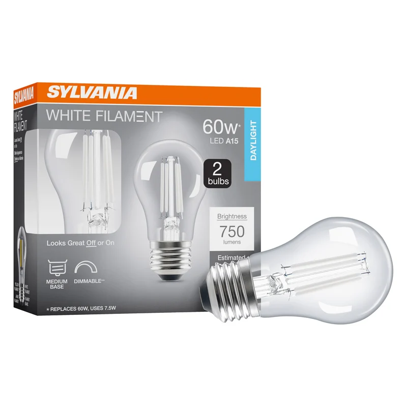 SYLVANIA A15 Clear Globe LED White Filament Bulb, 7.5W, Dimmable, 750 Lms, Medium Base, 5000K, Daylight - 2 PK