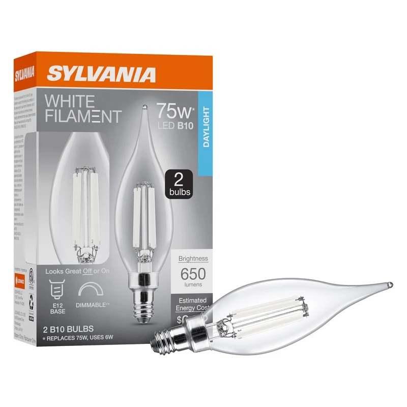 SYLVANIA B10 Clear LED White Filament Bulb, 6W, Dimmable, 650 Lms, Candelabra Base, 5000K, Daylight - 2 PK