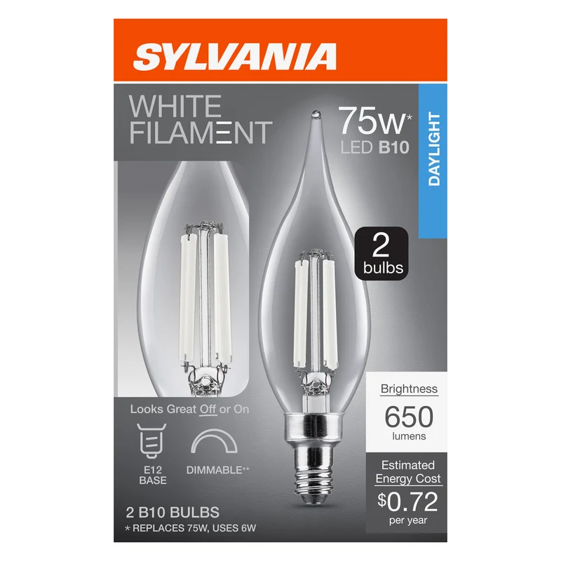 SYLVANIA B10 Clear LED White Filament Bulb, 6W, Dimmable, 650 Lms, Candelabra Base, 5000K, Daylight - 2 PK