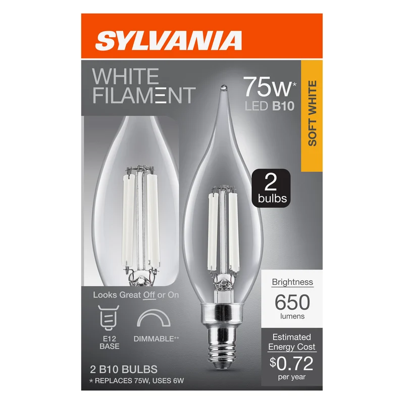 SYLVANIA B10 Clear LED White Filament Bulb, 6W, Dimmable, 650 Lms, Candelabra Base, 2700K, Soft White - 2 PK