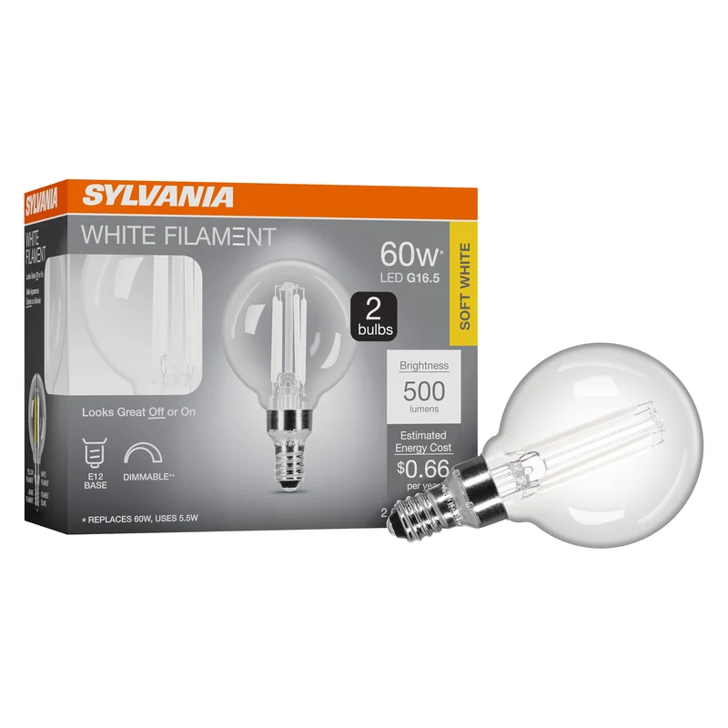 SYLVANIA G16.5 Clear Globe LED White Filament Bulb, 5.5W, Dimmable, 500 Lms, Candelabra Base, 2700K, Soft White - 2 PK