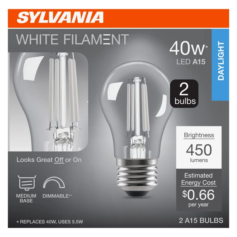 SYLVANIA A15 Clear Globe LED White Filament Bulb, 5.5W, Dimmable, 450 Lms, Medium Base, 5000K, Daylight - 2 PK