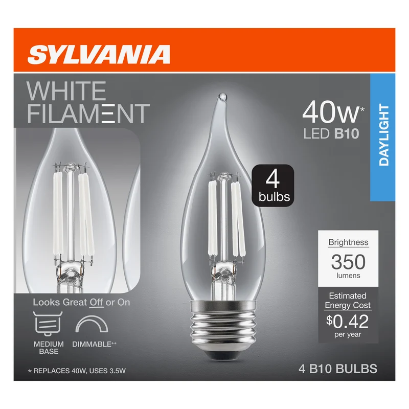 SYLVANIA B10 Clear LED White Filament Bulb, 3.5W, Dimmable, 350 Lms, Medium Base, 5000K, Daylight - 4 PK