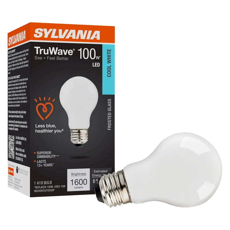 SYLVANIA LED TruWave A19 Light Bulb, 100W = 15W, 1600 Lumens, Dimmable, Frosted, 4000K, Cool White - 1 PK