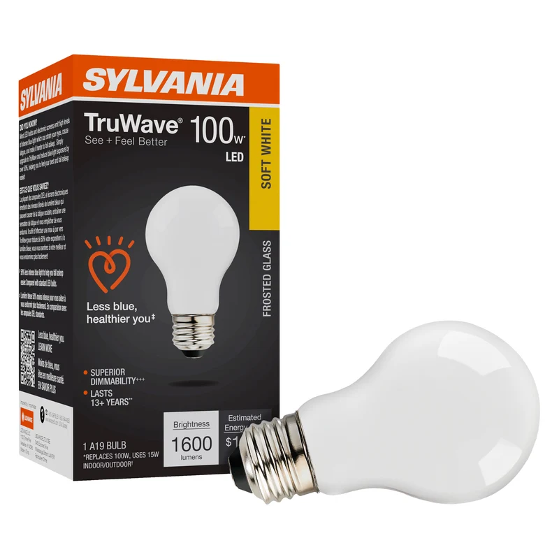 SYLVANIA LED TruWave A19 Light Bulb, 100W = 15W, 1600 Lumens, Dimmable, Frosted, 2700K, Soft White - 1 PK