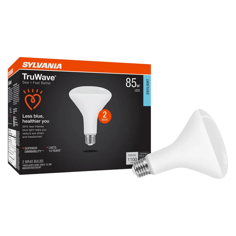 SYLVANIA LED TruWave BR40 Light Bulb, 85W = 12W, Dimmable, 5000K, Daylight - 2 PK