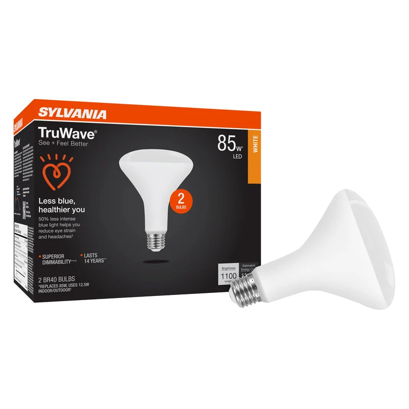 SYLVANIA LED TruWave BR40 Light Bulb, 85W = 12W, Dimmable, Frosted, 3000K, White - 2 Pk
