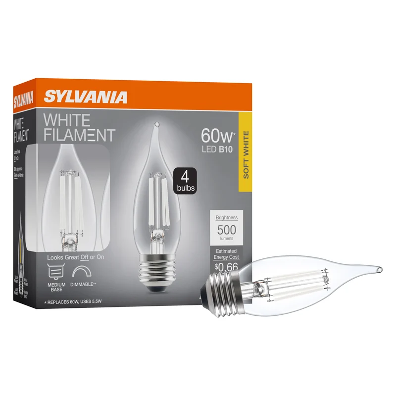 SYLVANIA B10 Clear LED White Filament Bulb, 5.5W, Dimmable, 500 Lms, Medium Base, 2700K, Soft White - 4 PK