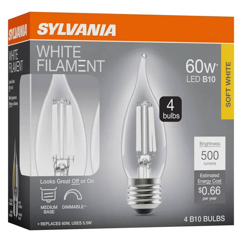 SYLVANIA B10 Clear LED White Filament Bulb, 5.5W, Dimmable, 500 Lms, Medium Base, 2700K, Soft White - 4 PK