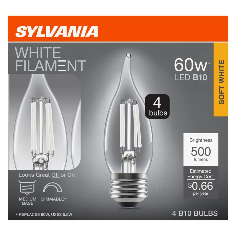 SYLVANIA B10 Clear LED White Filament Bulb, 5.5W, Dimmable, 500 Lms, Medium Base, 2700K, Soft White - 4 PK