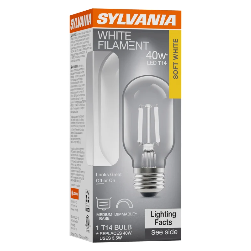 SYLVANIA T14 Clear LED White Filament Bulb, 3.5W, Dimmable, 300 Lms, Medium Base, 2700K, Soft White - 1 PK