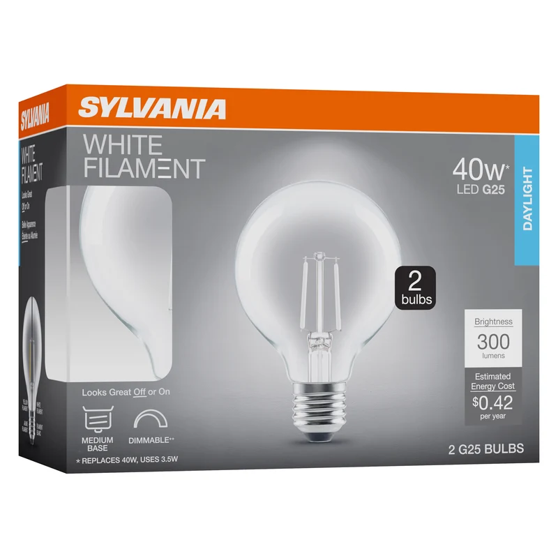 SYLVANIA G25 Clear Globe LED White Filament Bulb, 3.5W, Dimmable, 300 Lms, Medium Base, 5000K, Daylight - 2 PK