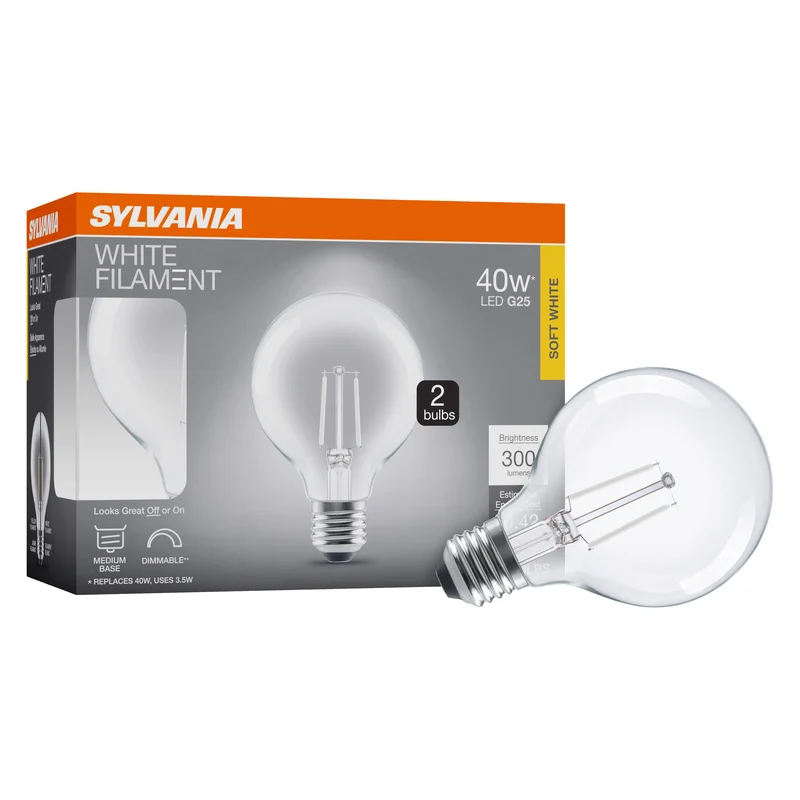 SYLVANIA G25 Clear Globe LED White Filament Bulb, 3.5W, Dimmable, 300 Lms, Medium Base, 2700K, Soft White - 2 PK
