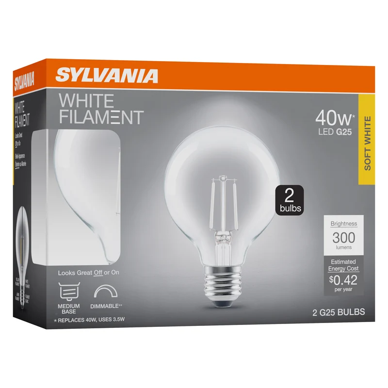SYLVANIA G25 Clear Globe LED White Filament Bulb, 3.5W, Dimmable, 300 Lms, Medium Base, 2700K, Soft White - 2 PK