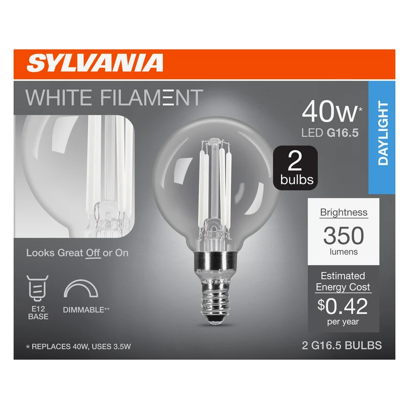 SYLVANIA G16.5 Clear Globe LED White Filament Bulb, 3.5W, Dimmable, 350 Lms, Candelabra Base, 5000K, Daylight - 2 PK