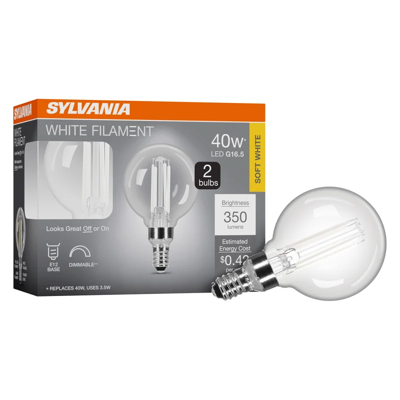 SYLVANIA G16.5 Clear Globe LED White Filament Bulb, 3.5W, Dimmable, 350 Lms, Candelabra Base, 2700K, Soft White - 2 PK