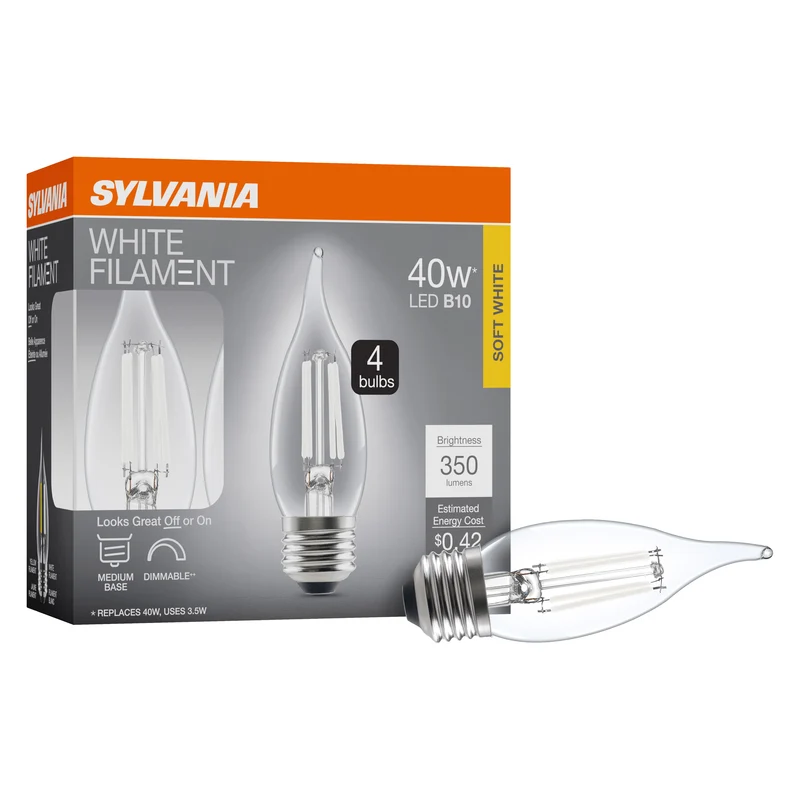 SYLVANIA B10 Clear LED White Filament Bulb, 3.5W, Dimmable, 350 Lms, Medium Base, 2700K, Soft White - 4 PK