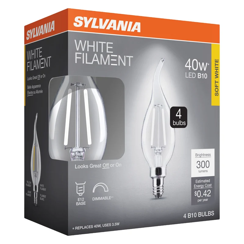 SYLVANIA B10 Clear LED White Filament Bulb, 3.5W, Dimmable, 300 Lms, Candelabra Base, 2700K, Soft White - 4 PK