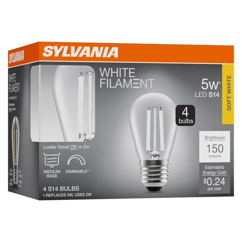 SYLVANIA S14 Clear LED White Filament Bulb, 2W, Dimmable, 150 Lms, Medium Base, 2700K, Soft White - 4 PK
