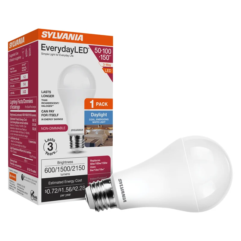 SYLVANIA 3-Way 6/13/19W EverydayLED A21 LED Light Bulb, 600/1500/2150 Lumens, Non Dimmable, 80 CRI, 5000K, Daylight - 1 PK