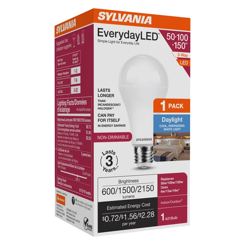 SYLVANIA 3-Way 6/13/19W EverydayLED A21 LED Light Bulb, 600/1500/2150 Lumens, Non Dimmable, 80 CRI, 5000K, Daylight - 1 PK