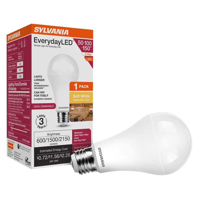SYLVANIA 3-Way 6/13/19W EverydayLED A21 LED Light Bulb, 600/1500/2150 Lumens, Non Dimmable, 80 CRI, 2700K, Soft White - 1 PK