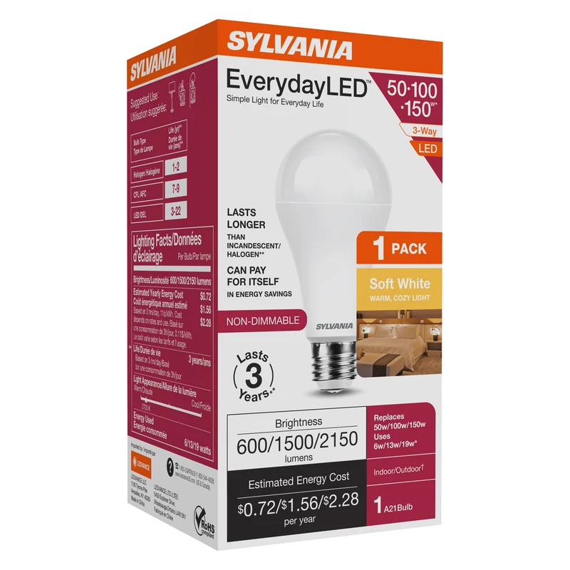 SYLVANIA 3-Way 6/13/19W EverydayLED A21 LED Light Bulb, 600/1500/2150 Lumens, Non Dimmable, 80 CRI, 2700K, Soft White - 1 PK