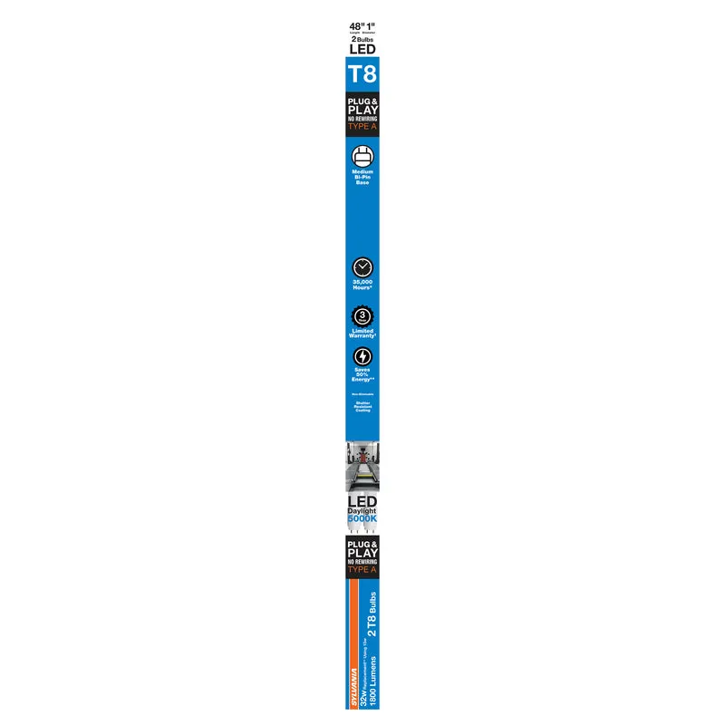 SYLVANIA SubstiTUBE 48" 15W T8 Linear LED Light Bulb, Bi-Pin Base, Daylight, 5000K, Glass, Frosted Finish - 2 PK