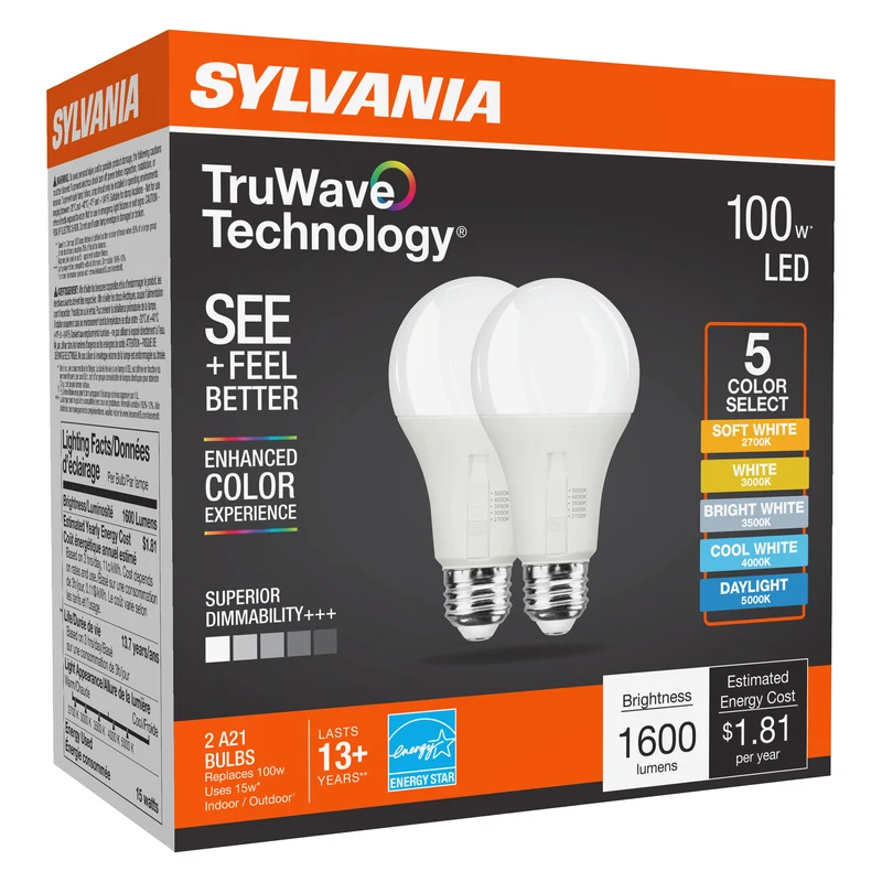 SYLVANIA TruWave A21 LED Light Bulb, 15W = 100W, 5 CCT Select 2700 / 3000 / 3500 / 4000 / 5000K, Dimmable, 1600 lms, Frosted Finish - 2 PK