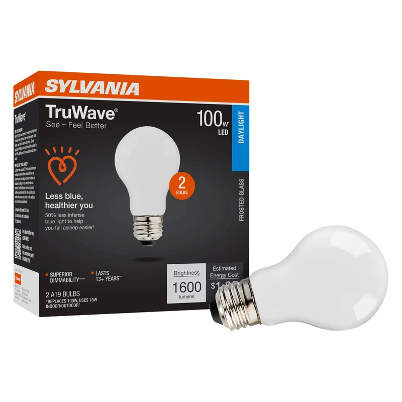 SYLVANIA LED TruWave A19 Light Bulb, 100W = 15W, 1600 Lumens, Medium Base, Dimmable, Frosted, 5000K, Daylight - 2 PK