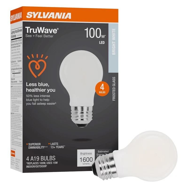 SYLVANIA LED TruWave A19 Light Bulb, 100W = 15W, 1600 Lumens, Medium Base, Dimmable, Frosted, 3500K, Bright White