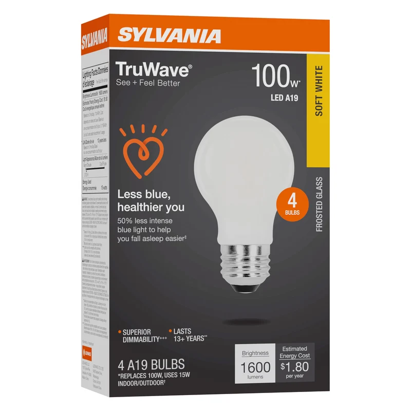 SYLVANIA LED TruWave A19 Light Bulb, 100W = 15W, 1600 Lumens, Medium Base, Dimmable, Frosted, 2700K, Soft White