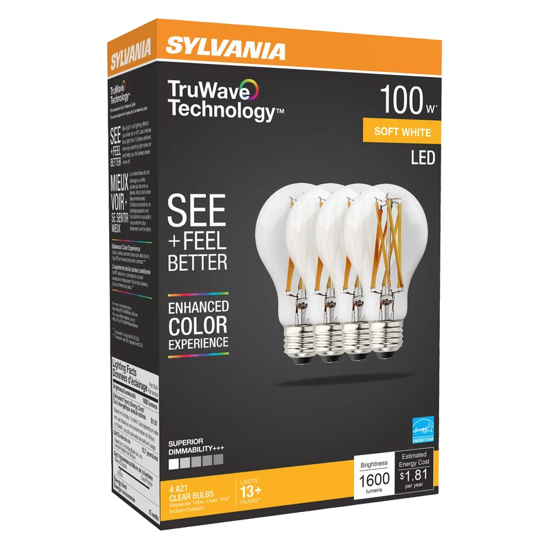 SYLVANIA LED TruWave A19 Light Bulb, 100W = 15W, 1600 Lumens, Medium Base, Dimmable, Clear, 2700K, Soft White