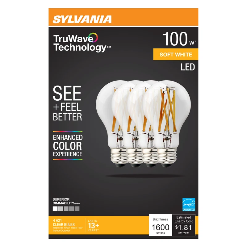 SYLVANIA LED TruWave A19 Light Bulb, 100W = 15W, 1600 Lumens, Medium Base, Dimmable, Clear, 2700K, Soft White