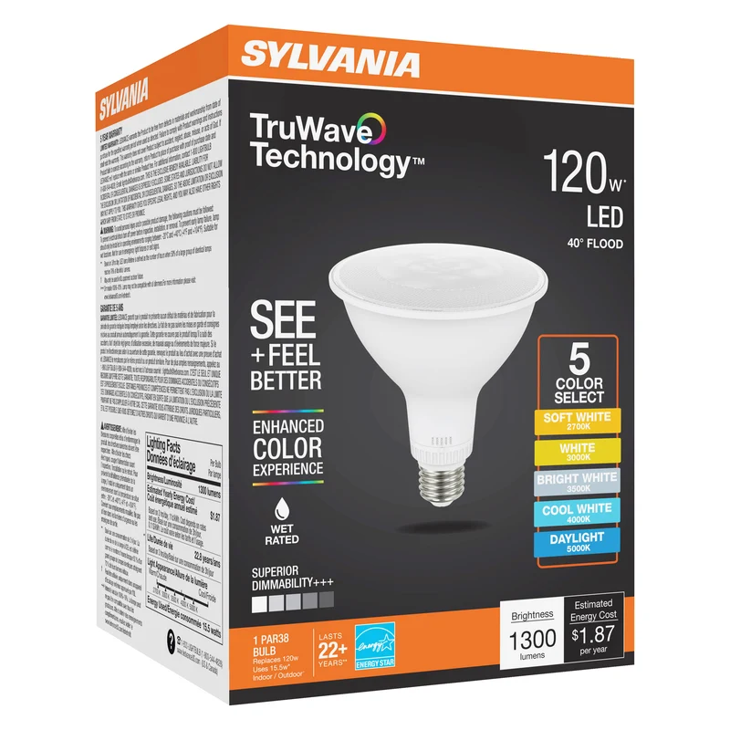 SYLVANIA TruWave PAR38 LED Light Bulb, 15.5W = 120W, 5 CCT Select 2700 / 3000 / 3500 / 4000 / 5000K, 40-Degree Angle, Dimmable, 1300 lms, Clear Finish