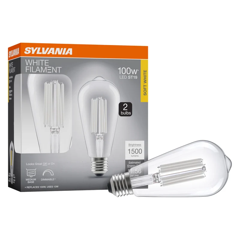 SYLVANIA ST19 Clear LED White Filament Bulb, 13W, Dimmable, 1500 Lms, Medium Base, 2700K, Soft White