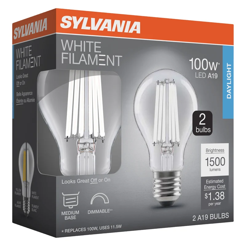 SYLVANIA A19 Clear LED White Filament Bulb, 11.5W, Dimmable, 1500 Lms, Medium Base, 5000K, Daylight